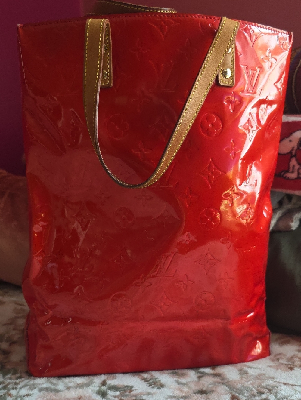 Louis Vuitton Red Patent Monogram Tote with Tan Straps
